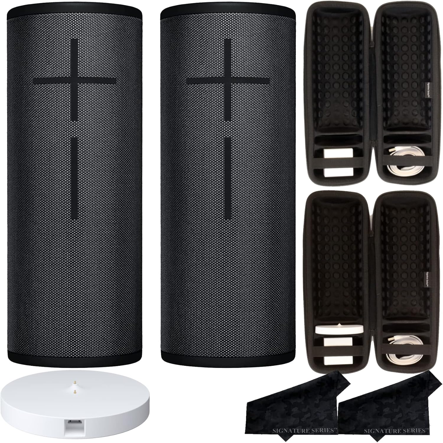 Ultimate Ears MEGABOOM 3 Wireless Portable Waterproof Bluetooth Speaker, 2 Pack with 360 Degree Sound, Party UP Mode with 1 PowerUp Charging Dock and 2 Signature Series Cases and Microfiber Cloths